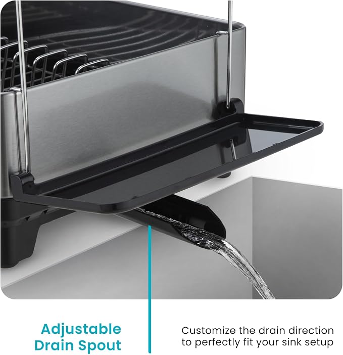 Home Zone Living Dish Drying Rack for Kitchen Counter | Stainless Steel with Drip Tray, Extendable Water Drainage Pipe, and Holders for Utensils, Wine Glasses and Cutting Board