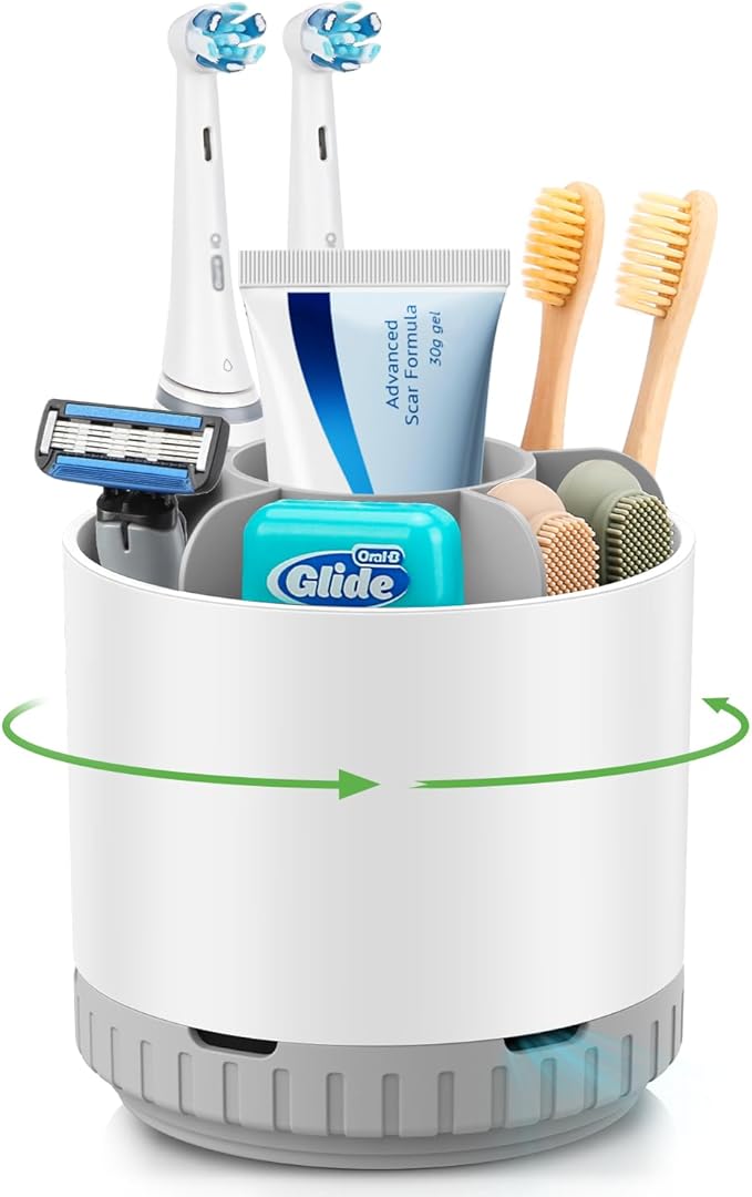 GFWARE Rotating White Toothbrush Holder for Bathroom Organizer, Drainage | Detachable 6 Slots Kids Electric Toothbrush and Toothpaste Holder, Bathroom Countertop Sink Storage Caddy