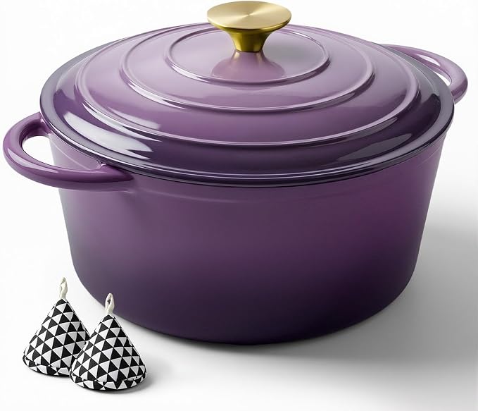 Miereirl 6 Quart Enameled Dutch Oven Pot with Lid, Cast Iron Dutch Oven with Dual Handles for Bread Baking, Cooking, Non-stick Enamel Coated Cookware, Purple