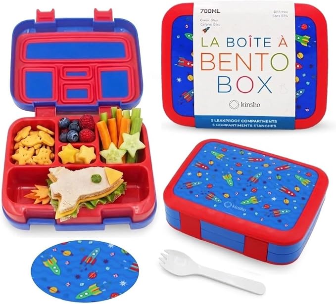 kinsho Bento Lunch Box Container for Small Kids, Boys, (Blue Space Rockets) | 5 Portion Sections, BPA-Free Spill-Proof Leakproof Removable Plastic Tray, Snacks and Lunches for Toddlers Pre-School Daycare