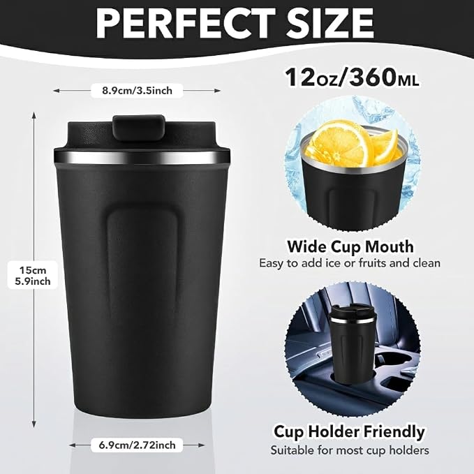 Volhoply 12 oz Double Wall Insulated Vacuum Travel Coffee Mug with Flip Lid Bulk 4 Pack,Reusable Stainless Steel Leak Proof Coffee Cups,Portable Cafe Thermal Tumbler for Hot & Cold Drinks(Black,4 Set)