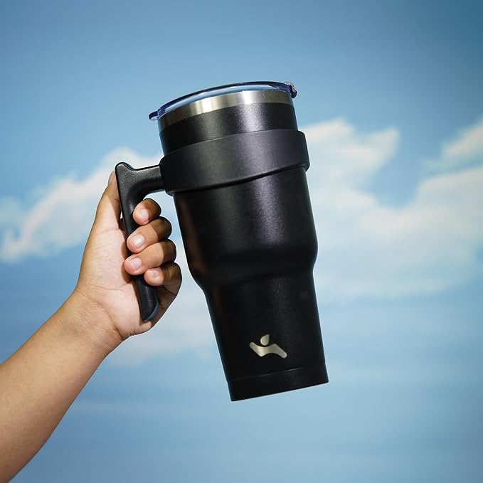 Konokyo 30 oz Tumbler with Handle and Straw, Insulated Travel Mug | Black; BPA-free, leak-proof tumbler with 2 lids, 2 straws, cup holder fit for coffee, office, travel & daily use