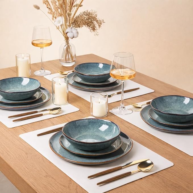 AmorArc Ceramic Dinnerware Sets for 4, 12Pcs Plates and Bowls Sets Dishes | Stoneware Handmade Reactive Glaze Dinner Set, Highly Scratch Resistant | Dishwasher & Microwave Safe Dishware