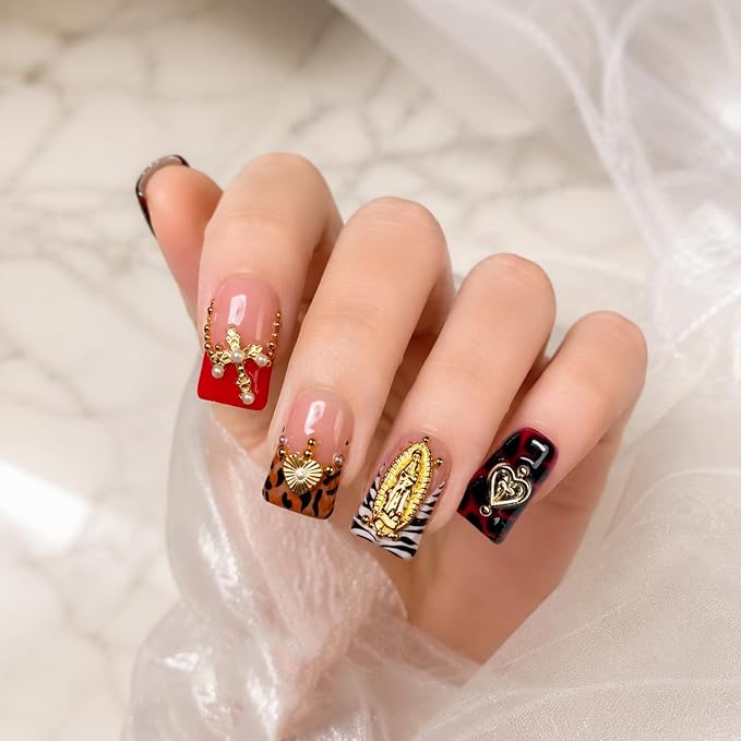 Short Duckbill Press on Nails Handmade False Nails Red French Tips Stick on Nail with Rhinestones & 3D Heart Designs Hand Made Press on Nails Muti-Layer Gel Artificial Acrylic Nail for Women（M)