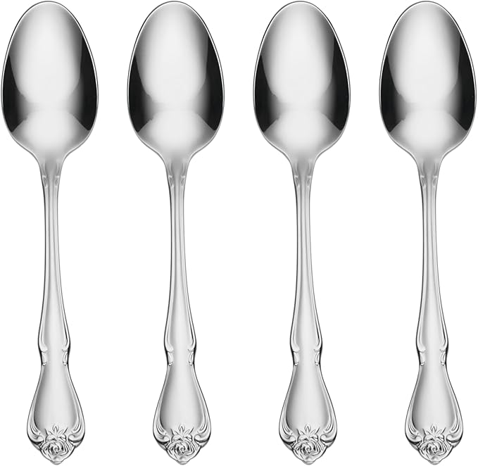 Oneida True Rose Teaspoons Silverware Set for 4, Flatware | mirror finish, dishwasher safe | cutlery set for kitchen and dining, utensil set, kitchen gifts for women, heavy duty