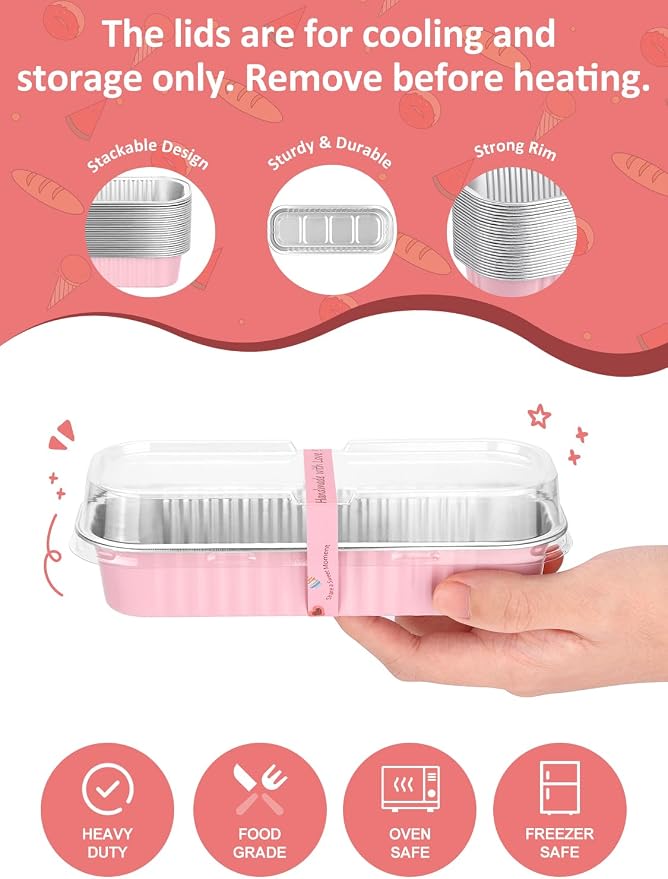 NEEBAKE 150 Pack 6.8 oz Disposable Mini Loaf Pans with Lids and Spoons - 6.5x2.5x1.2 Pink Aluminum Loaf Pans, Small Aluminum Tin Foil Baking Pan, Food Containers for Baking, Cakes, Bread, Loaves
