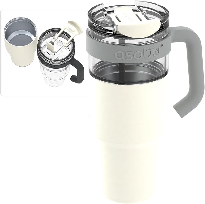 asobu Extra Large Travel Explorer Tumbler for Hot and Cold with Stainless Steel Removable Coffee Mug Sleeve - Straw and Flip Open Sip Spout, 34 oz / 25 oz (White)