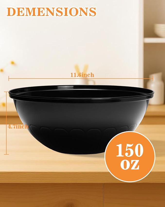 BESTVIP 150 Oz Black Plastic Serving Bowls, 4 Pack | 11.6-Inch Disposable & Reusable Bowls for Salad, Snacks, Chips & Candy, Stackable for Parties, Holidays & Meal Prep