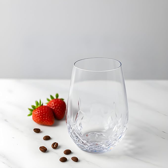 SHOSHIN Stemless Wine Glasses Set of 4, Hand Cut Crystal Wine Glasses, 18 oz Lead-Free Crystal Drinking Glasses with Gift Box, Elegant Glassware for Red Wine, White Wine, Cocktails, Wedding Gifts
