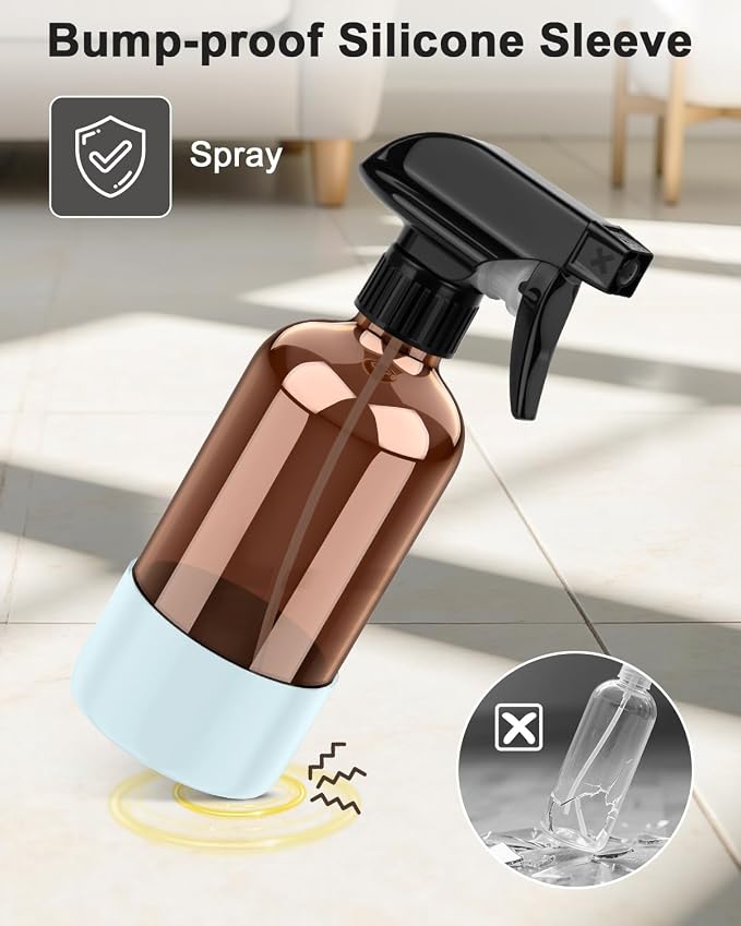 Bontip Amber Glass Spray Bottle, 8 oz with Blue Silicone Sleeve, 1 Pack | Refillable amber glass bottle, With protective silicone sleeve, BPA-free, UV shielding, Great for cleaning solutions,plants