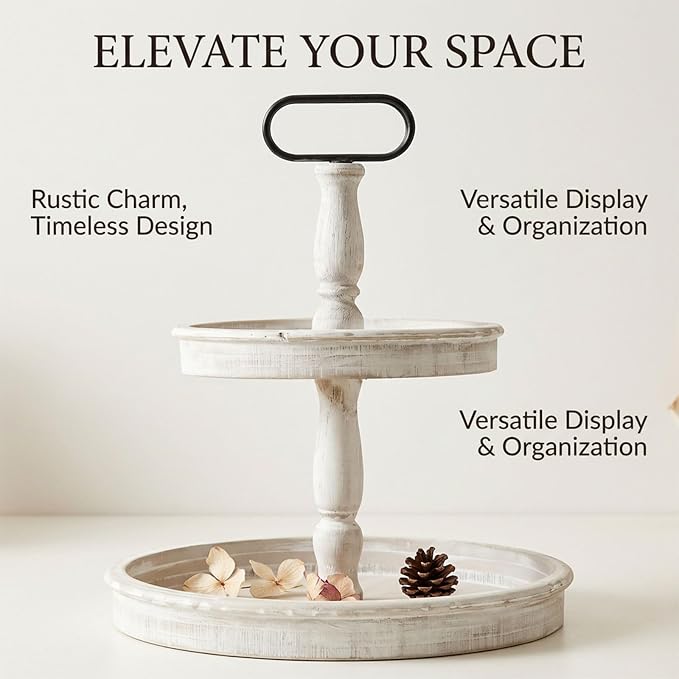 Krismax Decorative Trays - Two Tiered Tray Stand Rustic Tiered Tray Decor 2 Tiered Tray Serving Tray Seasonal & Holiday Decoration Wooden Tray for Coffee Table Farmhouse Display Stand Tray