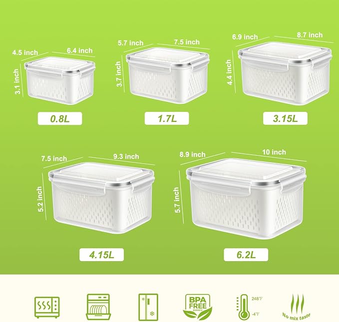 10 PS Fridge Food Plastic Storage Container with Colander | Fresh Produce Saver Keeper for Vegetable Fruit Berry Salad Lettuce Meat Fish, BPA Free Kitchen Refrigerator Organizer Bins