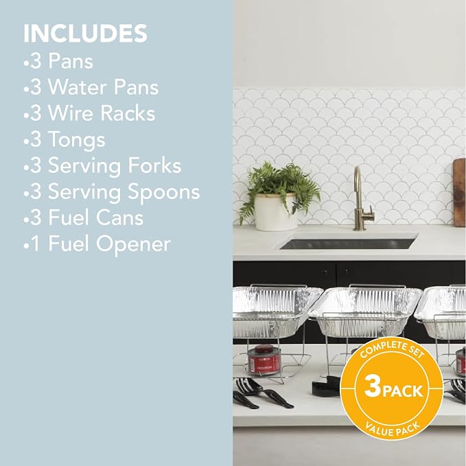 Alpha Living 3-Pack Disposable Chafing Dish Buffet Set with Fuel Cans | Food Warmers for Parties, Fuel Cans Complete Set, Half Size Pans, Warming Trays