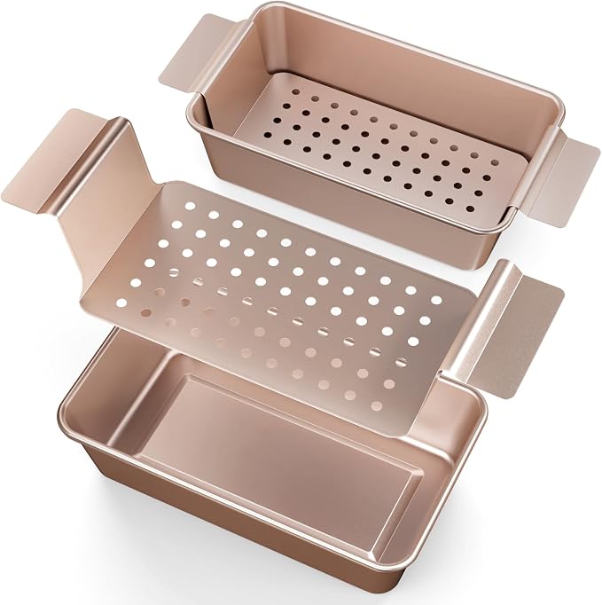 TLAZZ 2 Pack Meatloaf Pan with Drain Tray for Pound Cake Bacon Meatloaf | 9.4 x 5.5 Inch Non Stick Meat Loaf Pan features wide handles with a removable perforated drain tray for any kitchen