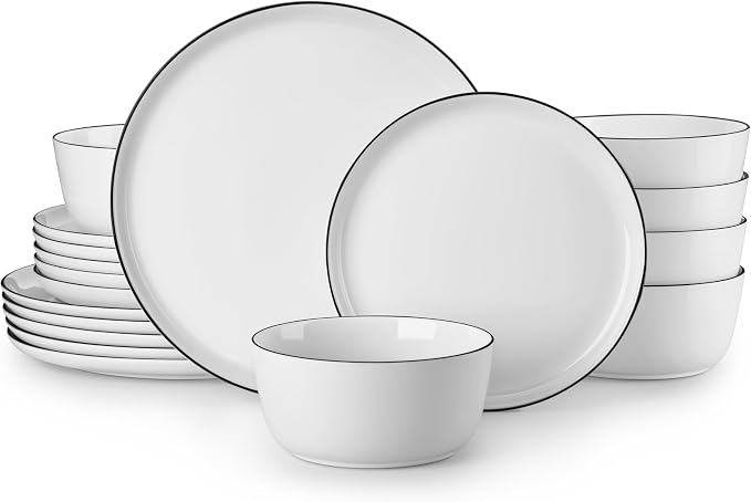 MALACASA 18-Piece Dinnerware Set for 6, White Black-Rim Porcelain Dishes | High-Fired Porcelain, Chip and Scratch Resistant, Microwave and Dishwasher Safe, Dinner, Salad Plates and Cereal Bowls