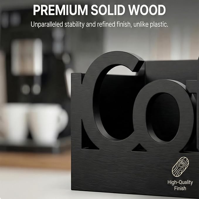Coffee Bar Organizer Countertop,Wood Caddy with Compartments for Pods,Black | Coffee Pods, Sugar Packets, Stir Sticks & Cups