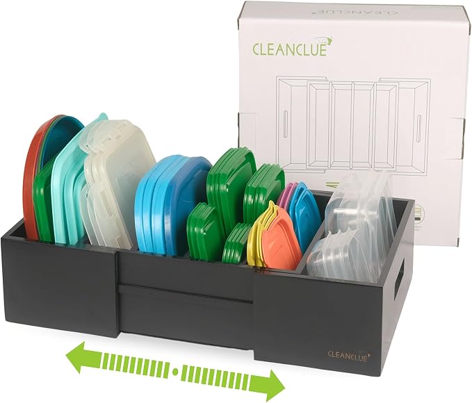 Expandable Bamboo Kitchen Cabinet Organizer for Food Container Lids Holder | Adjustable drawer organizer with 3 dividers for food container lids, bamboo lid organizer for kitchen cabinet lid storage