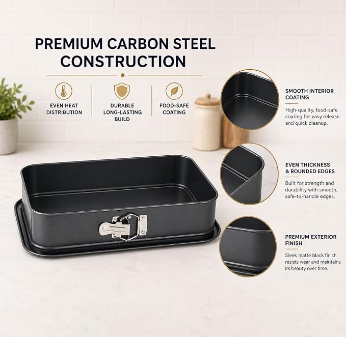 Rectangular Springform Cake Pan 11.02"x7.09"x2.55" - Leakproof Non-Stick Carbon Steel Cheesecake Pan with Removable Bottom Baking Pan for Cakes, Brownies, Lasagna & More