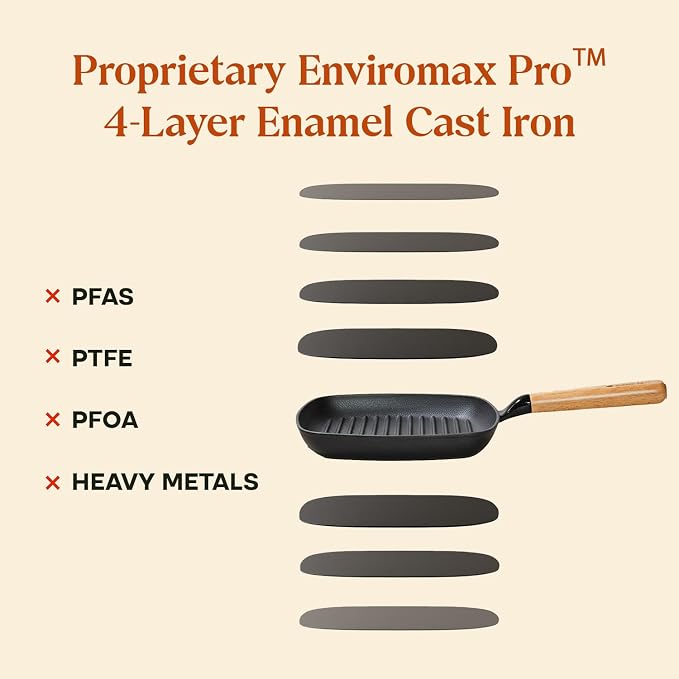 CUMIN CO. Enameled Cast Iron Grill Pan 10 Inch, 1.2 QT Grill Skillet – Non Toxic PFAS Free Cookware – Indoor Grill Pan for Steak, Chicken, Burgers & Vegetables – Induction & Oven Safe (Color: Rust)