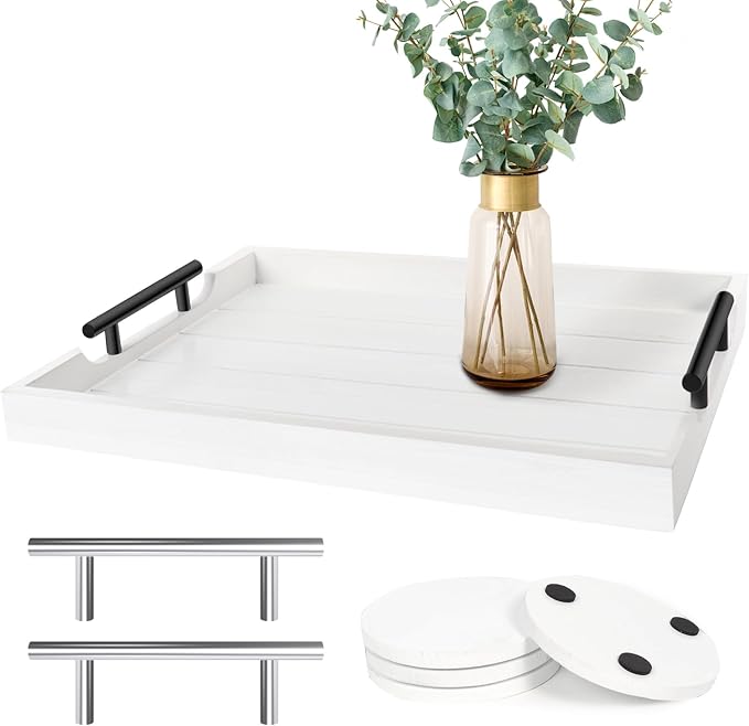 SXNOWS Wood Serving Tray with 2 Sets of Handles,White | Rectangle 16.5x13 Inch Ottoman Decorative Tray Platter for Coffee Table Living Room Bar Breakfast in Bed, 4 Coasters Included