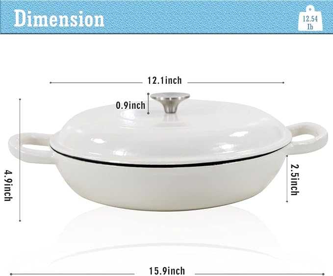 Enameled Cast Iron Braiser Pan, 3.8 Quart Shallow Dutch Oven with Lid, Heavy Duty Casserole Skillet with Dual Handles for Family or Friends Gifts, Oven-Safe to 500°F, White