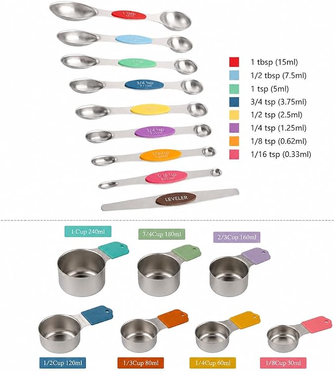 16Pcs 304 Stainless Steel Measuring Cups Spoons Set Color Silicone Handle Magnetic Stackable Baking Measuring Tools