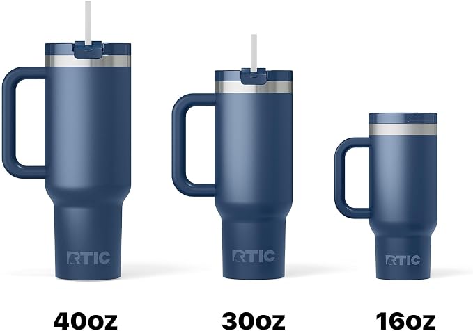 RTIC 40 oz Road Trip Tumbler Double-Walled Insulated Stainless Steel Portable Travel Coffee Mug Cup with Lid, Handle and Straw, Denim