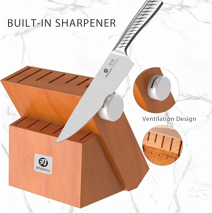 imarku® Knife Set, 14PCS Knife Sets for kitchen with block, One-Piece Kitchen Knife Sets with Built-in Sharpener, Stainless Steel Chef Knife Set with Lightning Stripes Handle, Dishwasher Safe(Wood)