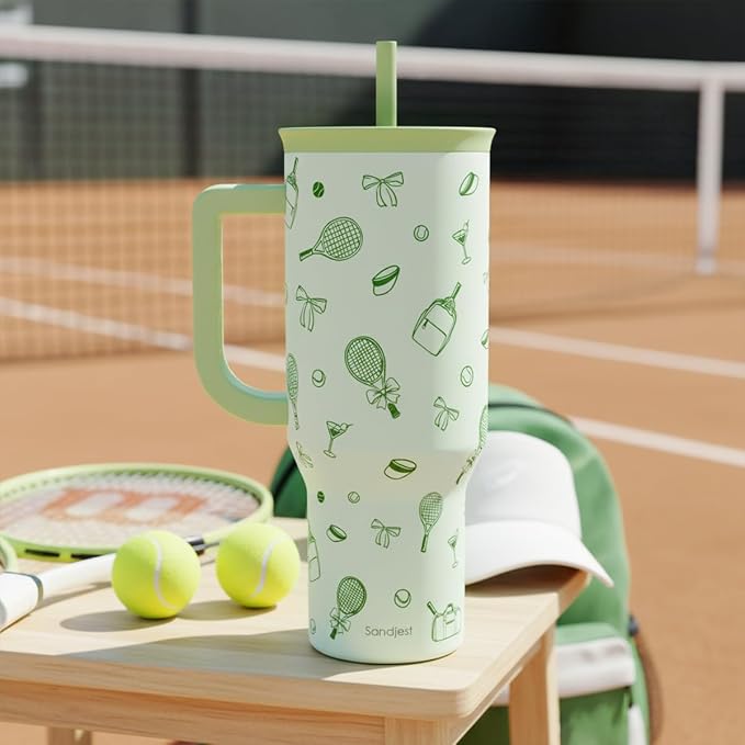 SANDJEST Tennis 40oz Tumbler With Handle and Straw, Insulated Stainless Steel Travel Coffee Mug for Women Girls Tennis Players, Gift Idea for Birthday Christmas Mothers Day