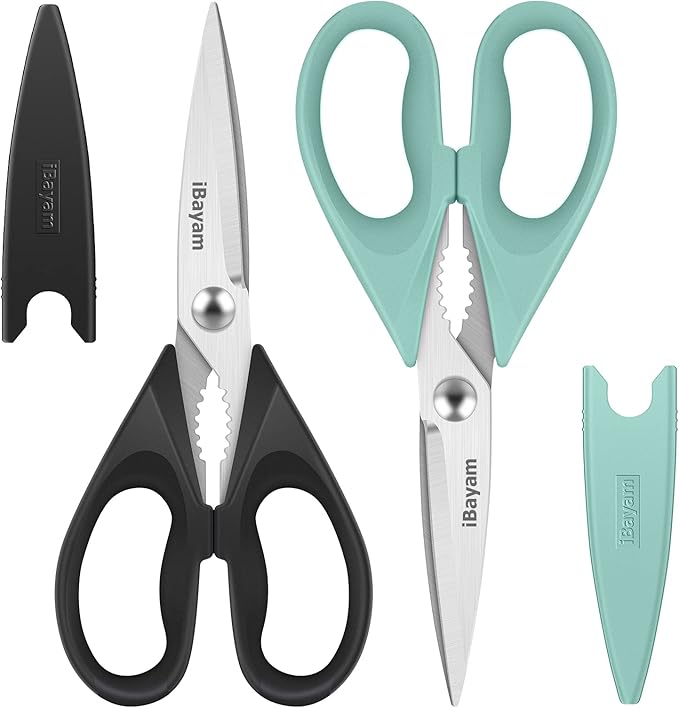 iBayam 2 Pack All Purpose Kitchen Scissors Shears Heavy Duty, Blade Covers | Stainless Steel Blade, Soft Comfort-Grip Handle, Dishwasher Safe, Food & Meat Scissors, Home, Kitchen, Dining Utility Gadgets
