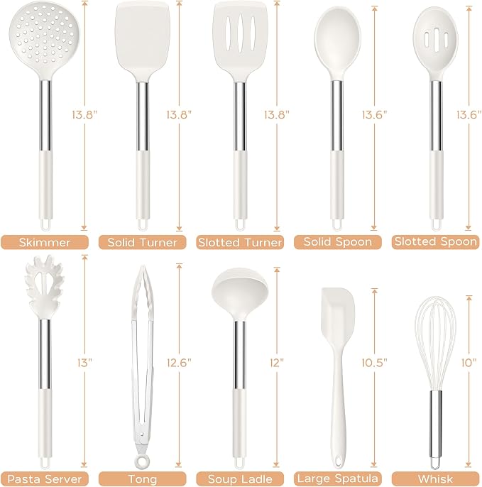 Onader 10 Pieces Silicone Kitchen Utensils Set, Cooking Utensils with Holder and Heat Resistant Stainless Steel Handle for Nonstick Cookware -White