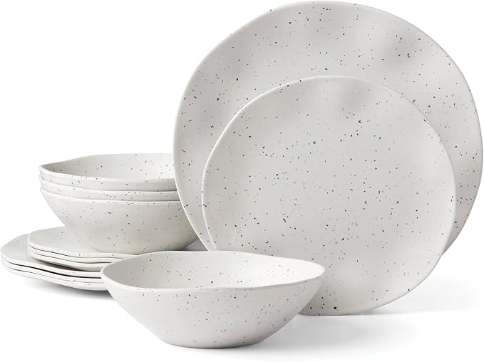 Oneida Terrazzo Cream Melamine 12-Piece Dinnerware Set for 4 | dishwasher safe | plates and bowls sets for kitchen and dining | 10.5 inch plate, dish set, dishes | 26oz