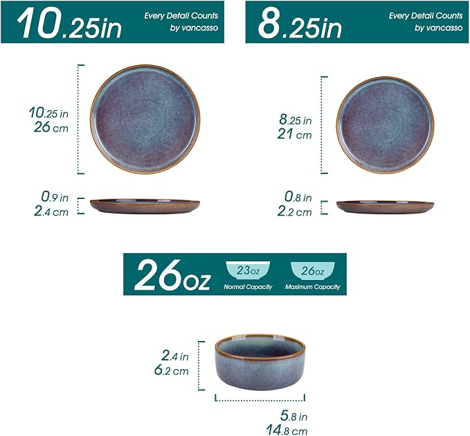 vancasso PLAYA Plates and Bowls Sets, 24 Pieces Grey-Blue Dinnerware Sets for Kitchen, Reactive Glaze Dishes Set for 8, Dishwasher and Microwave Safe