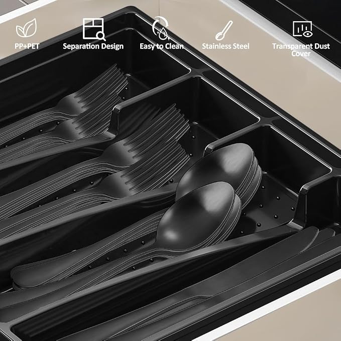41-Piece Black Matte Silverware Set with Drawer Organizer, SANLUNS Stainless Steel Flatware Cutlery for 8 Utensil Set for Home Restaurant, Tableware Includes Knife Fork Spoon Set Dishwasher Safe