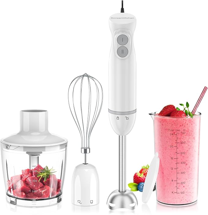 Bonsenkitchen Hand Blender,4-In-1 Emulsion Handheld with 2 Mixing Speeds | Egg Whisk, 24oz Beaker & Chopper Bowl, Immersion Blender for Baby Food,Smoothies, Soups & Sauces
