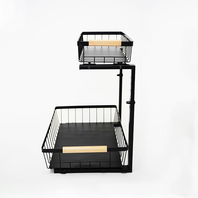 Under Sink Organizer, 2 Tier Pull Out Cabinet Organizers and Storage for Kitchen Bathroom Pantry Laundry, Adjustable Height, Slide Out Thickened Metal Storage Shelf (Black, 1 Pack)
