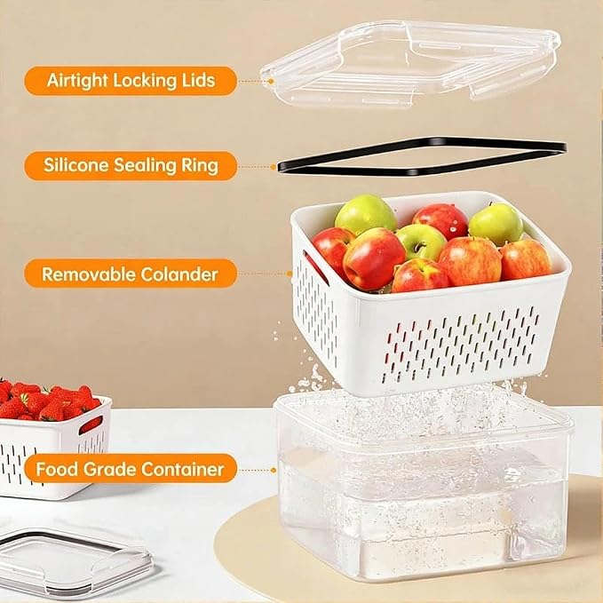 Yuonry 4 in 1 Food Storage Container, Fruit Storage Containers for Fridge, Produce Containers with Lid and Strainer, Including Drain Basket, Multipurpose Large Fruit Container for Fridge(Grey)