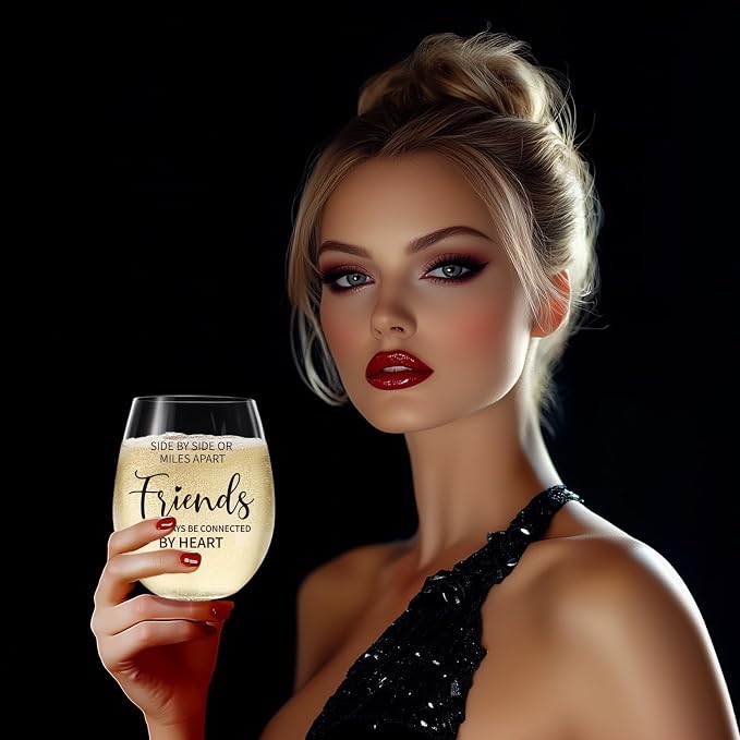 Friendship Gifts for Women – 15oz Crystal Wine Glass, Dishwasher washable | With “Side by Side or Miles Apart Friends will Always be Connected by Heart” Quote, llong distance gifts