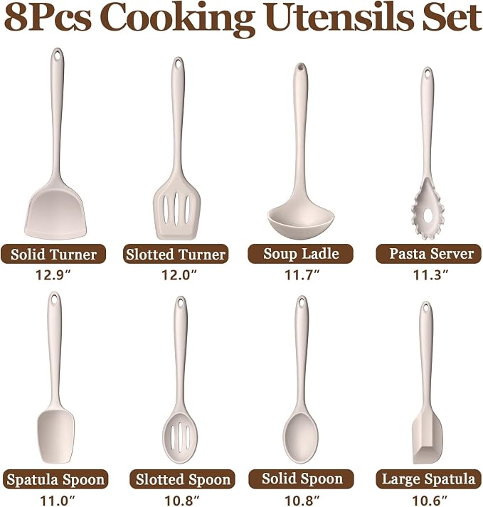LIANYU Non-Toxic Kitchen Cooking Utensils Set, 8Pcs Khaki Silicone Utensils | Stainless Steel Core, Non-Scratch Spatula Spoon Turner, Heat Resistant & Dishwasher Safe