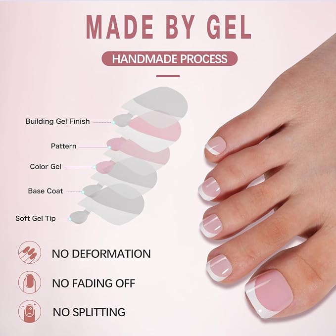 Misssix Press on Toenails Short, 216pcs French Tip Toe Nails Square in Box | Soft Gel Fake Pre-shaped Full Cover Acrylic for Women DIY 12 Sizes