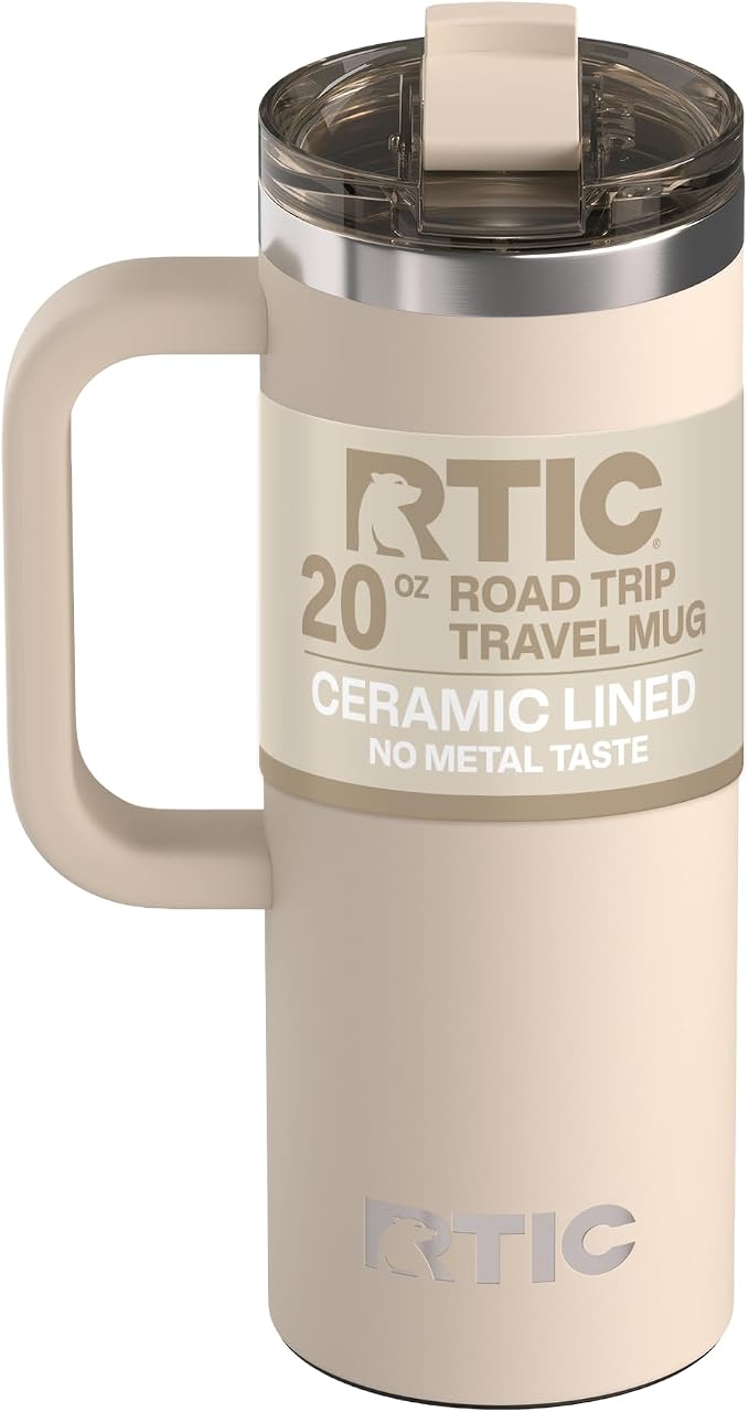 RTIC 20oz Road Trip Travel Mug with Lid and Handle, Ceramic Lined, Beach | Stainless Steel Metal, Insulated Travel Cup for Hot and Cold Drinks, Coffee, Car, Camping and Travel