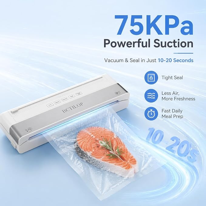Vacuum Sealer Machine, 75KPa Automatic Food Sealer | with External Vacuum System, 7-in-1 Dry/Moist Modes, Compact Lightweight Design, Built-in Cutter + 10 Bags