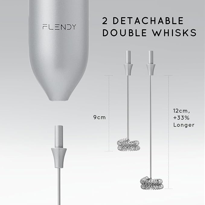 Flendy Rechargeable Milk Frother Handheld with Charging Stand | USB-C Charging Dock, 2 Detachable Double Whisk, Extra Long Mixer Wand, Wall Mount, Top Button, Compact Electric Stirrer