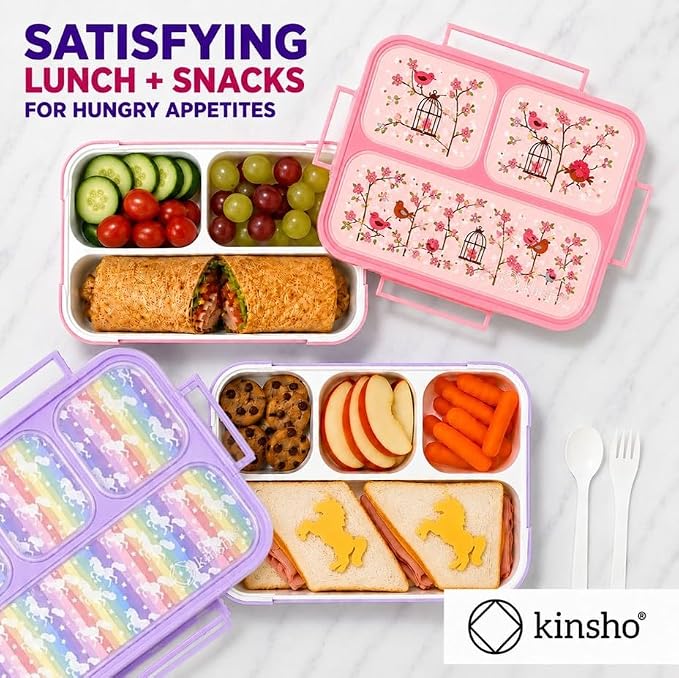kinsho Bento Box Lunch Boxes for Kids Girls, Meal and Snack Containers for Toddler Daycare, School Travel, Loncheras Para Ninas, Utensils Included (Purple Rainbow Unicorn + Pink Flowers, 2 Pack Set)