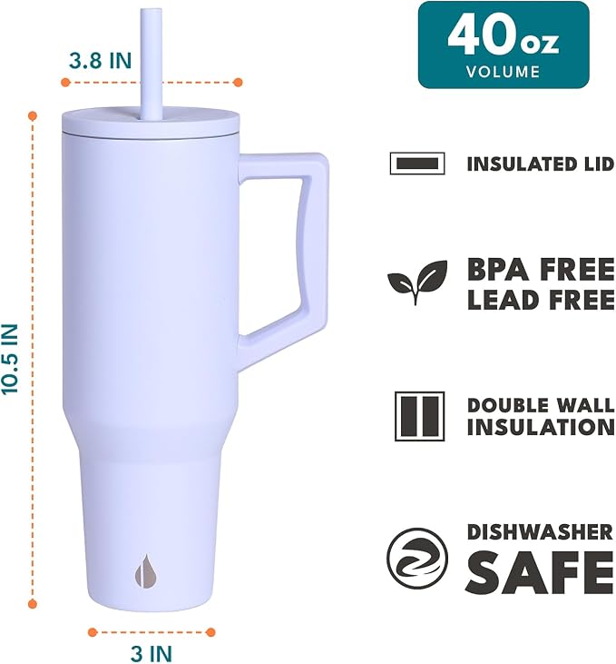 Elemental Spill Proof 40oz Insulated Tumbler with Handle & Straw Travel Mug | Stainless Steel Commuter Travel Coffee Mug for Cold Beverages, Includes 2 Straws & a Spill Proof Lid for Everyday Use