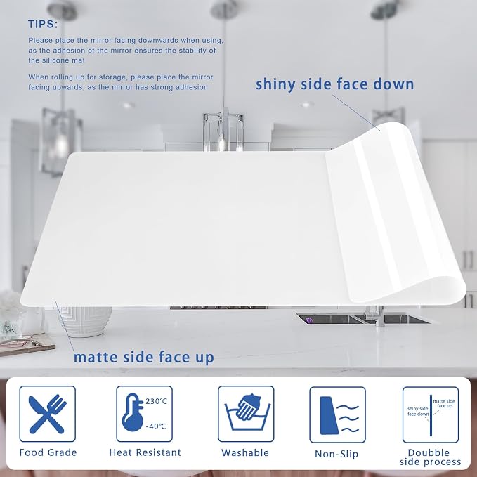 Food-Grade Silicone mat，2MM Extra Thick Silicone Mats for Kitchen Counter, 25.6" x17.7" Non-Slip Waterproof Large Countertop Protector Mat, Heat Resistant Mat, Silicone Placemat (Translucent)