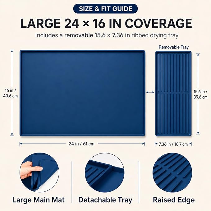 Silicone Coffee Mat 24 x 16 in with Tray, Deep Sea Blue | Coffee bar mat for countertop use, coffee station mat or coffee machine mat with removable tray and 0.47 in raised rim.