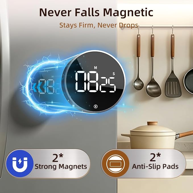 Digital Magnetic Kitchen Timer & Stopwatch with LED Display, Space Gray | Up to 99:55 Countdown & Count Up , Easy Twist Control, Adjustable Volume & Brightness, Magnetic Back, Battery Powered