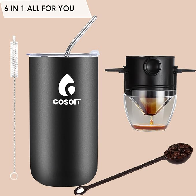 Portable Pour Over Coffee Maker Kits Coffee Filter Mug Coffee Drippers Cup Bottle Includ Straw Cleaning Brush and Spoon for Home Office,Travel, Camping 20Oz