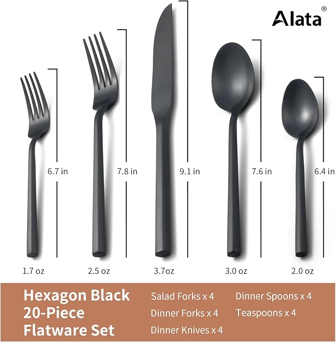 Alata Hexagon Black 20-Piece Forged Silverware Set Stainless Steel Flatware Set,Service for 4,Matte Satin Polished Cutlery Set,Dishwasher Safe